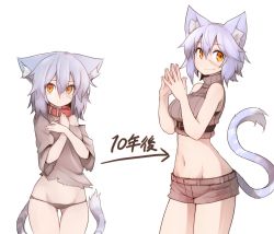 Rule 34 | 1girl, age comparison, age progression, animal ears, black panties, blue hair, breasts, cat ears, cat tail, collar, collarbone, commentary, commentary request, groin, highres, large breasts, looking at viewer, midriff, multiple views, navel, orange eyes, original, panties, ribbed sweater, ryota tentei, scar, scar across eye, scar on face, short hair, short shorts, shorts, simple background, sweater, sweater, tail, tora tentei, torn clothes, underwear, white background