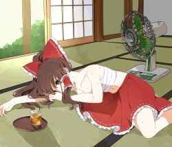Rule 34 | 1girl, absurdres, barley tea, bow, breasts, brown eyes, brown hair, chest sarashi, cleavage, commentary request, electric fan, frilled bow, frilled hair tubes, frills, hair bow, hair tubes, hakurei reimu, highres, ice, ice cube, indoors, long hair, lying, navel, partially undressed, red bow, red skirt, sarashi, sasaki sakiko, shouji, skirt, sliding doors, solo, sweat, tatami, touhou