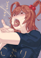 Rule 34 | 1girl, blue shirt, blush, breasts, commentary request, cookie (touhou), drinking pee, hair bobbles, hair ornament, highres, large breasts, man (man-room), onozuka komachi, open mouth, pee, red eyes, red hair, shaded face, shirt, shishou (cookie), short hair, short sleeves, solo, tongue, tongue out, touhou, two side up, upper body