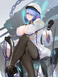 Rule 34 | 1girl, azur lane, black gloves, black pantyhose, blue eyes, blue hair, blush, breasts, chain, chapayev (azur lane), covered erect nipples, crossed legs, gloves, hair over one eye, hat, head tilt, holding, holding chain, jacket, large breasts, long sleeves, looking at viewer, military hat, pantyhose, parted lips, peaked cap, short hair, sitting, smile, solo, uyuyuun, white hat, white jacket