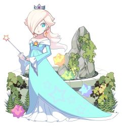 Rule 34 | 1girl, aqua dress, bare shoulders, blonde hair, blue eyes, breasts, bright pupils, closed mouth, crown, dress, earrings, full body, gem, hair over one eye, holding, holding wand, hoshikuzu pan, jewelry, long hair, long sleeves, mario (series), nintendo, off-shoulder dress, off shoulder, plant, platinum blonde hair, rosalina, sleeves past wrists, small breasts, solo, standing, star (symbol), super mario galaxy, wand, water, white background, white pupils, wide sleeves