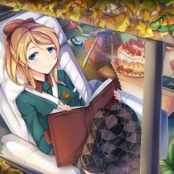 Rule 34 | 10s, 1girl, argyle, argyle clothes, argyle legwear, armchair, ayase eli, blonde hair, blue eyes, book, box, cake, chair, food, gift, gift box, jewelry, kalian, love live!, love live! school idol festival, love live! school idol project, necktie, patterned legwear, ponytail, ring, ring box, sitting, skirt, solo, striped, striped necktie, tears, thighhighs, white upholstery