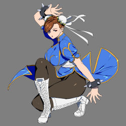 Rule 34 | 1girl, arm up, asymmetrical bangs, black pantyhose, blue dress, boots, bracelet, breasts, brown eyes, brown hair, bun cover, capcom, china dress, chinese clothes, chun-li, commentary, cross-laced footwear, double bun, dress, fighting stance, full body, grey background, hair bun, high collar, highres, jewelry, knee boots, lace-up boots, large breasts, legs, looking at viewer, onsen tamago (hs egg), pantyhose, pelvic curtain, puffy short sleeves, puffy sleeves, sash, short hair, short sleeves, simple background, solo, spiked bracelet, spikes, squatting, street fighter, street fighter ii (series), white footwear