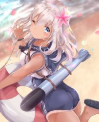 Rule 34 | 1girl, ass, bad id, bad pixiv id, bare arms, bare shoulders, beach, blue eyes, blush, bracelet, breasts, commentary request, crop top, flower, from behind, hair flower, hair ornament, highres, jewelry, kantai collection, lifebuoy, long hair, looking at viewer, medium breasts, nontraditional school swimsuit, one-piece swimsuit, one-piece tan, one eye closed, outdoors, petals, ro-500 (kancolle), sa-ya2, sailor collar, sand, school swimsuit, school uniform, serafuku, silver hair, slippers, smile, solo, swim ring, swimsuit, swimsuit under clothes, tan, tanline, torpedo, water