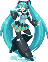 Rule 34 | 1girl, absurdres, android, blue eyes, blue hair, commentary, drawloverlala, english commentary, gloves, hair between eyes, hatsune miku, highres, long hair, looking at viewer, mega man (series), mega man x (series), open hand, open mouth, parody, smile, solo, style parody, twintails, vocaloid, white gloves