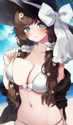 Rule 34 | 1girl, blue eyes, breasts, brown hair, granblue fantasy, hair ornament, hair scrunchie, hat, highres, looking at viewer, osakana (rrg0123), raziel (granblue fantasy), raziel (summer) (granblue fantasy), scrunchie, solo, white scrunchie