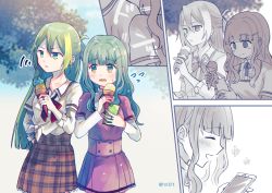 Rule 34 | 2girls, alina gray, aqua hair, blunt bangs, blunt ends, blurry, blurry background, blush, bow, bowtie, brown skirt, bumping, buttons, center frills, collared shirt, comic, food, frilled shirt, frills, futaba sana, green eyes, green hair, hair between eyes, hair down, hair ornament, hair rings, hairclip, holding, holding food, holding phone, ice cream, jewelry, layered shirt, layered sleeves, long hair, long sleeves, looking at another, looking at object, looking away, loose bowtie, magia record: mahou shoujo madoka magica gaiden, mahou shoujo madoka magica, medium hair, miniskirt, mizuna girls&#039; academy school uniform, multicolored hair, multiple girls, neck ribbon, open mouth, parted lips, partially colored, phone, plaid, plaid skirt, pleated skirt, purple shirt, purple skirt, red bow, red bowtie, ribbon, ring, sakae general school uniform, school uniform, shirt, shirt under shirt, short over long sleeves, short sleeves, side-tie shirt, sidelocks, skirt, sleeves rolled up, smile, straight hair, streaked hair, sweat, totte, twitter username, very long hair, wavy hair, wavy mouth, white shirt, wing collar