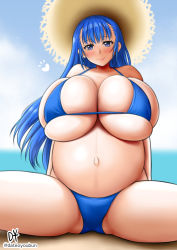 Rule 34 | 1girl, artist name, beach, big belly, bikini, blue bikini, blue eyes, blue hair, blush, breasts, cleavage, curvy, dateoyoubun, hat, heart, highres, huge breasts, long hair, looking at viewer, original, outdoors, outie navel, pregnant, shiny skin, sidelocks, signature, sitting, skindentation, sky, smile, solo, spread legs, straw hat, swimsuit, thick thighs, thighs, very long hair, wide hips