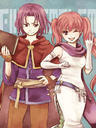 Rule 34 | 1boy, 1girl, :d, bare shoulders, belly chain, book, cape, copyright name, dress, elbow gloves, erk (fire emblem), fire emblem, fire emblem: the blazing blade, gloves, holding, holding book, jewelry, long hair, nintendo, one eye closed, open mouth, pink hair, purple eyes, scarf, serra (fire emblem), smile, twintails, v, white gloves, yukaris