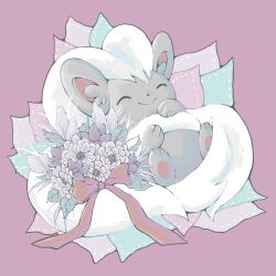 Rule 34 | bouquet, bow, cinccino, closed eyes, closed mouth, commentary request, creatures (company), flower, game freak, gen 5 pokemon, happy, highres, lying, nintendo, no humans, on back, pokemon, pokemon (creature), purple background, smile, solo, stitches, tamio1724, white fur