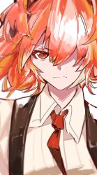 Rule 34 | 1girl, arknights, chiriejjiyo, fiammetta (arknights), hair over one eye, highres, looking at viewer, necktie, one eye covered, red eyes, red hair, red necktie, shirt, short hair, simple background, solo, suspenders, upper body, v-shaped eyebrows, white background, white shirt