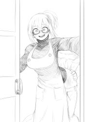 Rule 34 | 1boy, 1girl, amano44, apron, boku no hero academia, clothed sex, doorway, glasses, greyscale, hetero, highres, looking at viewer, monochrome, open mouth, sex, sex from behind, todoroki fuyumi