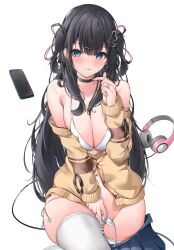 Rule 34 | 1girl, :q, absurdres, black choker, black hair, blue eyes, blush, bra, breasts, cardigan, cellphone, choker, cleavage, collarbone, commentary request, hair ornament, headphones, heart, heart hair ornament, highres, large breasts, long hair, long sleeves, looking at viewer, navel, nekoya minamo, original, panties, phone, solo, thighhighs, thighs, tongue, tongue out, underwear, white background, white bra, white panties, white thighhighs, yellow cardigan