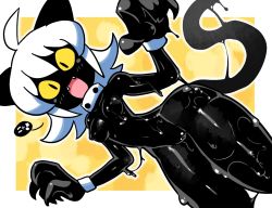 Rule 34 | 1girl, animal ears, black cat, black skin, breasts, cat, cat ears, cat girl, cat tail, claws, cleft of venus, colored sclera, colored skin, fangs, highres, looking at viewer, monster girl, musical note, nenekoko (rariatto), nipples, original, pussy, rariatto (ganguri), slime girl, smile, spoken musical note, tail, white hair, yellow sclera