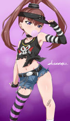 Rule 34 | 1girl, amano nene (digimon xros wars), arm up, armpits, artist name, asymmetrical gloves, bandaid, bandaid on knee, bandaid on leg, bare shoulders, belt, belt buckle, black belt, black gloves, black hat, black tank top, blowing bubbles, blue shorts, blush, breasts, brown hair, buckle, chain, chewing gum, chicago-x, commentary request, crop top, denim, denim shorts, digimon, digimon xros wars, elbow gloves, fingerless gloves, gloves, hair between eyes, hand on headwear, hat, high ponytail, highres, long hair, looking at viewer, midriff, navel, official alternate costume, purple eyes, short shorts, shorts, signature, single elbow glove, single thighhigh, skullknightmon, small breasts, solo, split ponytail, striped clothes, striped thighhighs, tank top, thighhighs, torn clothes, torn shorts, uneven gloves, visor cap