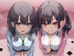 Rule 34 | 2girls, :d, black hair, blue eyes, blush, breasts, cleavage, commentary request, condom, condom wrapper, grin, hair ornament, hairclip, highres, jewelry, long hair, looking at viewer, multiple girls, necklace, necktie, open mouth, original, red eyes, school uniform, smile, socks, tansan gitune, twintails, unworn socks, white socks