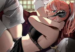 Rule 34 | 1girl, au ra, black bra, black shorts, blurry, blurry background, blush, boots, bra, breasts, commentary, commission, couch, detached sleeves, dragon horns, feet out of frame, final fantasy, final fantasy xiv, from side, fur-trimmed shorts, fur trim, green eyes, grey footwear, grey thighhighs, hair tie, hand on own neck, horns, indoors, legs up, long hair, looking at viewer, lying, medium breasts, midriff, multicolored hair, on back, open mouth, oreazu, original, pink hair, ponytail, profile, short shorts, shorts, sideboob, single sleeve, skeb commission, solo, streaked hair, thigh boots, thighhighs, thighs, two-tone hair, underwear, warrior of light (ff14), white hair