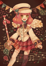 Rule 34 | 1girl, balloon, band uniform, baton, blunt bangs, blush, brown background, chin strap, collared jacket, epaulettes, feathered wings, green eyes, hat, heart, holding, jacket, long sleeves, looking at viewer, marching band, marching band baton, musical note, open mouth, original, pink hair, short hair, skirt, smile, solo, string of flags, striped clothes, striped thighhighs, thighhighs, uniform, vertical-striped clothes, vertical-striped thighhighs, wings, yunoto (conceit)