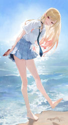 Rule 34 | 1girl, absurdres, arms behind back, barefoot, beach, blonde hair, blue skirt, blue sky, blush, breasts, collared shirt, dress shirt, ear piercing, earrings, full body, head tilt, high-waist skirt, highres, holding, holding own arm, holding phone, jewelry, kitagawa marin, large breasts, long hair, long sleeves, looking at viewer, loose necktie, modare, necktie, open mouth, outdoors, phone, piercing, plaid, plaid skirt, pleated skirt, red eyes, school uniform, shirt, shore, skirt, sky, sleeves rolled up, smile, solo, sono bisque doll wa koi wo suru, sunlight, white shirt