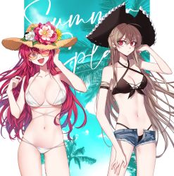 Rule 34 | 2girls, ;), absurdres, ahoge, anchor earrings, azur lane, bikini, bikini under clothes, black bikini, blue sky, breasts, brown hair, candy, cleavage, closed mouth, collarbone, commentary, contrapposto, cowboy shot, criss-cross halter, cutoffs, denim, denim shorts, earrings, english text, expressionless, flower, food, green eyes, hair between eyes, halterneck, hat, hat flower, highres, holding, holding candy, holding food, holding lollipop, jean bart (azur lane), jean bart (private apres midi) (azur lane), jewelry, lace, lace-trimmed bikini, lace trim, large breasts, linea alba, lollipop, long hair, looking at viewer, medium breasts, micro bikini, micro shorts, multi-strapped bikini, multiple girls, navel, necklace, official alternate costume, one eye closed, open clothes, open fly, open mouth, open shorts, orange-tinted eyewear, orange-tinted glasses, outside border, palm tree, pink-tinted eyewear, pink-tinted glasses, pirate hat, red-tinted eyewear, red eyes, red hair, sahra3721, sempon (doppio note), shorts, sidelocks, sky, smile, standing, stomach, straw hat, sun hat, sunglasses, sunlight, surcouf (azur lane), surcouf (loisirs balneaires) (azur lane), swimsuit, thigh gap, tinted eyewear, tree, very long hair, white bikini