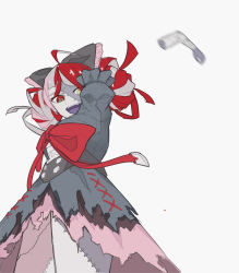 Rule 34 | 1girl, absurdres, bow, detached arm, double bun, fangs, ghett0taku, grey hair, hair bun, heterochromia, highres, hololive, hololive indonesia, huge bow, kureiji ollie, looking down, motion blur, multicolored hair, pink hair, pun, red bow, red eyes, red hair, solo, stitched face, stitched leg, stitches, symbol-shaped pupils, virtual youtuber, white background, yellow eyes, zombie
