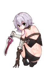 Rule 34 | 1girl, absurdres, ass, bandaged arm, bandages, bare shoulders, black thighhighs, brown gloves, butt crack, commentary request, fate/grand order, fate (series), from behind, gloves, green eyes, greypidjun, highres, holding, holding knife, jack the ripper (fate/apocrypha), knife, looking at viewer, open mouth, panties, scar, scar across eye, scar on face, short hair, silver hair, simple background, solo, tattoo, thighhighs, underwear, white background