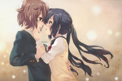 Rule 34 | 2girls, arm grab, black hair, brown eyes, brown hair, eye contact, face-to-face, female focus, hand on another&#039;s face, hirasawa yui, hug, k-on!, long hair, looking at another, multiple girls, nakano azusa, niangao, profile, school uniform, short hair, sweater vest, tears, twintails, very long hair, yuri