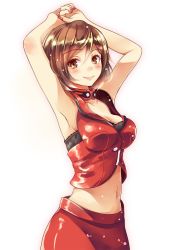 Rule 34 | 1girl, armpits, arms up, blush, breasts, brown eyes, brown hair, collarbone, commentary, crop top, highres, lipstick, looking at viewer, makeup, medium breasts, meiko (vocaloid), meiko (vocaloid3), midriff, navel, red skirt, short hair, skirt, smile, solo, standing, tsukishiro saika, upper body, vocaloid, white background