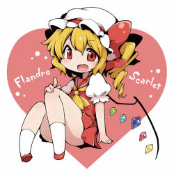 Rule 34 | 1girl, anzu ame, ascot, blonde hair, character name, fang, female focus, flandre scarlet, hat, heart, long hair, open mouth, red eyes, side ponytail, solo, touhou, wings
