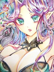 Rule 34 | 1girl, alternate costume, angela (seiken densetsu 3), artist request, bare shoulders, black gloves, breasts, cleavage, close-up, collarbone, female focus, gloves, gradient hair, green eyes, hair intakes, highres, large breasts, lipstick, long hair, looking at viewer, makeup, multicolored hair, official alternate costume, parted bangs, parted lips, purple hair, red lips, seiken densetsu, seiken densetsu 3, sidelocks, solo, square enix, swept bangs, teeth, very long hair