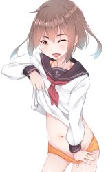 Rule 34 | 10s, 1girl, ;d, anchor symbol, arm up, blush, bridal gauntlets, brown eyes, buruma, buruma pull, clothes lift, clothes pull, contrapposto, cowboy shot, highres, ikazuchi (kancolle), kantai collection, kiyomin, lifted by self, long sleeves, looking at viewer, navel, neckerchief, no pants, one eye closed, open mouth, pulled by self, red neckerchief, shirt lift, short hair, simple background, smile, solo, standing, stomach, white background