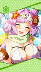 Rule 34 | 1girl, artist request, blush, breasts, cleavage, closed eyes, fingerless gloves, flower, flower wreath, framed image, gloves, green scarf, hair ears, hair ornament, head wreath, large breasts, light purple hair, long hair, official art, open mouth, phantom of the kill, scarf, smile, vanargand (phantom of the kill)