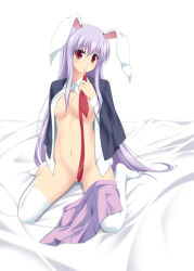 Rule 34 | 1girl, amicis, animal ears, blush, bottomless, breasts, censored, cleavage, convenient censoring, female focus, long hair, navel, necktie, no bra, no panties, open clothes, open shirt, pleated skirt, purple hair, rabbit ears, red eyes, red necktie, reisen udongein inaba, shirt, sitting, skirt, skirt around one leg, solo, thighhighs, touhou, very long hair, wariza, white thighhighs