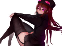 Rule 34 | 1girl, ander (at2.), at2., black hat, black shirt, black skirt, blush, closed mouth, commentary request, crossed legs, enderman, expressionless, from behind, garter straps, hair between eyes, hands on own knee, hat, highres, knees up, long hair, long sleeves, looking at viewer, looking back, minecraft, miniskirt, pink eyes, purple hair, shirt, simple background, sitting, skindentation, skirt, solo, thighhighs, very long hair, white background