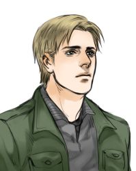 Rule 34 | 1boy, anderain, blonde hair, commentary request, jacket, james sunderland, male focus, silent hill (series), silent hill 2, simple background, solo, white background