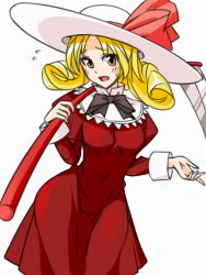 Rule 34 | 1girl, asagaya, bad id, bad pixiv id, blonde hair, dress, elly (touhou), hat, looking at viewer, lotus land story, over shoulder, parted bangs, red dress, scythe, short hair, solo, touhou, touhou (pc-98), weapon, weapon over shoulder, yellow eyes