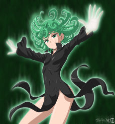 Rule 34 | 1girl, absurdres, dress, flat chest, green eyes, green hair, highres, legs, matching hair/eyes, one-punch man, outstretched arms, short hair, simple background, solo, spread arms, stiky finkaz, tatsumaki