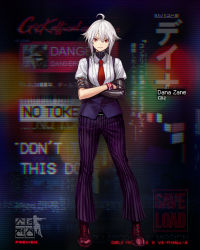 Rule 34 | 1girl, ahoge, boots, character name, collared shirt, crossed arms, dana zane, full body, girls&#039; frontline, grin, hair between eyes, highres, infukun, logo, looking at viewer, mechanical arms, necktie, official art, pants, purple pants, purple vest, red eyes, red footwear, red necktie, shirt, short hair, short sleeves, sidelocks, single mechanical arm, smile, solo, striped clothes, striped pants, va-11 hall-a, vest, white hair, white shirt, wristband