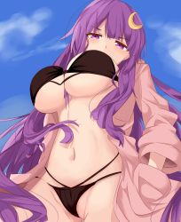 Rule 34 | 1girl, bikini, black bikini, blue sky, blush, breasts, cloud, crescent, crescent hair ornament, day, hair ornament, hands in pockets, highres, jacket, karatakewari, large breasts, long hair, looking at viewer, navel, open clothes, patchouli knowledge, purple eyes, purple hair, sky, solo, swimsuit, touhou, underboob, very long hair