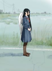 Rule 34 | 1girl, absurdres, angel wings, bad id, bad pixiv id, black hair, blue sky, blush, brown legwear, highres, hiramedousa, huge filesize, loafers, long hair, long skirt, original, outdoors, pleated skirt, red eyes, school uniform, serafuku, shoes, sketch, skirt, sky, solo, transmission tower, very long hair, wings