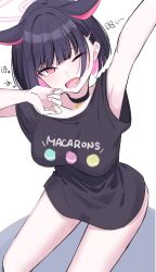 Rule 34 | 1girl, alternate costume, animal ears, armpits, black choker, black hair, black shirt, blue archive, blunt bangs, bob cut, bottomless, breasts, cat ears, choker, collarbone, colored inner hair, commentary request, english text, from above, halo, highres, ichiki 1, kazusa (blue archive), large breasts, looking at viewer, multicolored hair, one eye closed, pink eyes, pink hair, shirt, simple background, sitting, sketch, solo, stretching, t-shirt, tearing up, translation request, upper body, waking up, white background, yawning