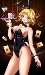 Rule 34 | 1girl, absurdres, animal ears, annno ans, bare legs, black bow, black bowtie, black leotard, blonde hair, bow, bowtie, breasts, brown background, card, cleavage, commission, cowboy shot, detached collar, drink, fake animal ears, glass, green eyes, highres, idolmaster, idolmaster cinderella girls, large breasts, leotard, looking at viewer, pixiv commission, playboy bunny, playing card, playing card theme, rabbit ears, rabbit tail, short hair, solo, standing, strapless, strapless leotard, tail, umeki otoha, wrist cuffs