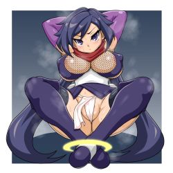 Rule 34 | 1girl, armpits, arms up, ayame (gundam build divers), bare shoulders, black hair, blush, breasts, covered erect nipples, elbow gloves, fingerless gloves, gloves, grey background, gundam, gundam build divers, hair between eyes, head tilt, highres, japanese clothes, large breasts, looking at viewer, ninja, purple eyes, purple gloves, red scarf, s o, scarf, sleeveless, solo, sweat