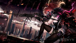 Rule 34 | 1girl, absurdres, aiming, animal ears, bare shoulders, black cape, black footwear, black gloves, black leotard, black thighhighs, breasts, building, burning, cape, cat ears, city, cloud, cloudy sky, commentary request, extra ears, falling, finger on trigger, fingerless gloves, floating hair, fur-trimmed cape, fur trim, gloves, gun, hair ornament, highres, holding, holding gun, holding weapon, leotard, long hair, looking away, medium breasts, on one knee, original, outdoors, ponytail, pouch, purple eyes, red hair, rifle, shoes, sky, skyscraper, sleeveless, smoke, sneakers, solo, spaghetti strap, strap, tameiki, thigh pouch, thigh strap, thighhighs, weapon