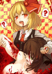 Rule 34 | 1girl, 2girls, ?, animal ears, blonde hair, blood, blood in mouth, blood on clothes, blood stain, brown hair, cannibalism, checkered background, death, guro, hair ribbon, horns, madaragi, multiple girls, nose piercing, nose ring, open mouth, piercing, ribbon, rumia, shirt, short hair, single horn, spoken question mark, touhou, vest