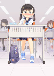 Rule 34 | 6+girls, :&lt;, ahoge, backpack, bag, black eyes, black legwear, black ribbon, blue footwear, blue neckwear, blue sailor collar, blush, blush stickers, brown footwear, brown hair, chair, child, classroom, closed mouth, collarbone, collared shirt, commission, cross-laced footwear, desk, embarrassed, female focus, flat chest, hair tie, half-closed eyes, hand up, have to pee, heijitsu (paapuu), highres, holding, holding pencil, indoors, light blush, long hair, long sleeves, looking down, medium hair, miniskirt, multiple girls, neck ribbon, neckerchief, nervous, nose blush, on chair, open mouth, original, pantyhose, pencil, pink footwear, pleated skirt, ribbon, sailor collar, school chair, school desk, school uniform, serafuku, shirt, shoes, short hair, sitting, skeb commission, skirt, sneakers, socks, solo focus, sweat, tile floor, tiles, trembling, twintails, v-shaped eyebrows, wavy eyes, wavy mouth, white shirt, white socks