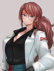 Rule 34 | 1girl, alternate costume, alternate hairstyle, android 21, black shirt, blue eyes, breasts, brown hair, cleavage, closed mouth, dragon ball, dragon ball fighterz, earrings, glasses, hoop earrings, jewelry, kemachiku, lab coat, long hair, long sleeves, looking at viewer, medium breasts, ponytail, red ribbon army, shirt, simple background, solo