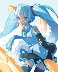 Rule 34 | 1girl, absurdres, air bubble, bare shoulders, black skirt, black thighhighs, blue eyes, blue hair, blurry, bubble, closed mouth, collared shirt, commentary, cowboy shot, depth of field, detached sleeves, hand on own elbow, hatsune miku, highres, long hair, long sleeves, looking at viewer, masshiro460153353, pleated skirt, shirt, skirt, sleeveless, sleeveless shirt, solo, standing, thighhighs, twintails, very long hair, vocaloid, zettai ryouiki