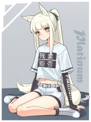 Rule 34 | 1girl, alternate costume, animal ears, arknights, black gloves, blunt bangs, boots, brown eyes, character name, clothes writing, commentary request, fingerless gloves, gloves, head tilt, highres, horse ears, jiuyu qame, long hair, looking at viewer, midriff, navel, platinum (arknights), ponytail, shirt, short shorts, shorts, sidelocks, sitting, solo, tail, thighs, translation request, very long hair, wariza, white footwear, white hair, white shirt, white shorts