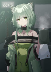 Rule 34 | 1girl, absurdres, animal ear fluff, animal ears, arknights, bare shoulders, black collar, breasts, cat ears, cat girl, clock, collar, cup, diamond-shaped pupils, diamond (shape), digital clock, dress, green dress, green eyes, green hair, highres, holding, holding cup, jacket, kal&#039;tsit (arknights), long sleeves, looking at viewer, material growth, medium breasts, mug, off-shoulder dress, off shoulder, ogat 0427, open clothes, open jacket, oripathy lesion (arknights), parted lips, short hair, solo, symbol-shaped pupils, upper body